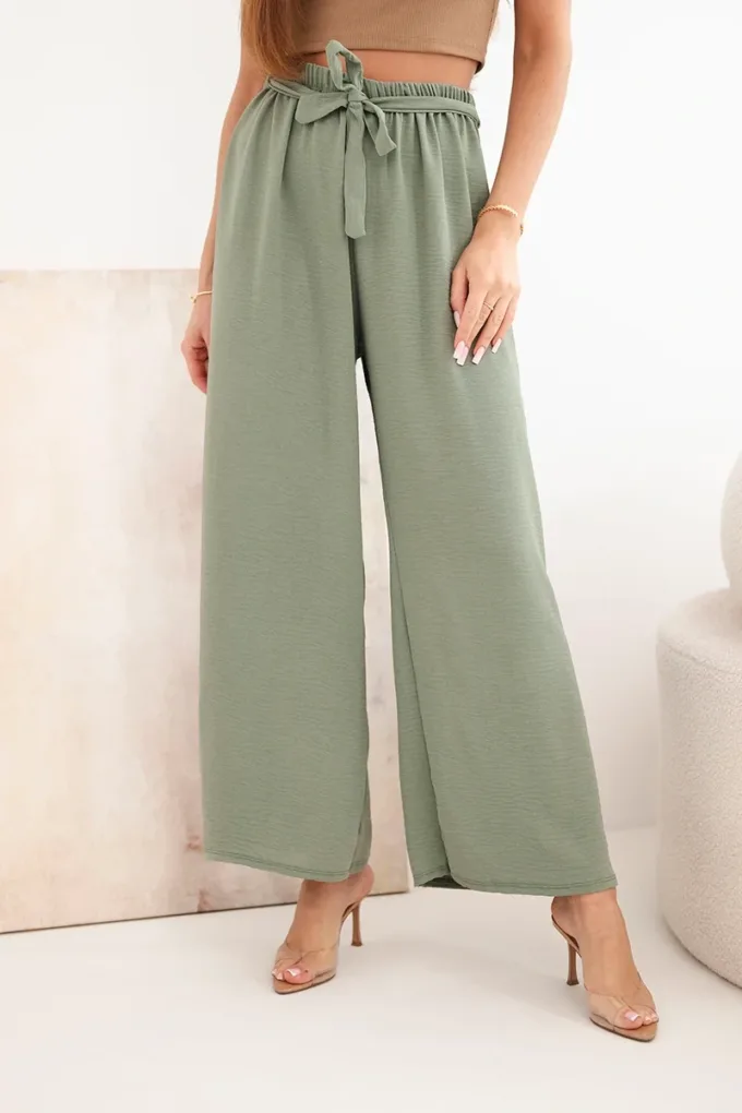 Spodnie z szeroką i wiązaniem w pasie jasne khaki