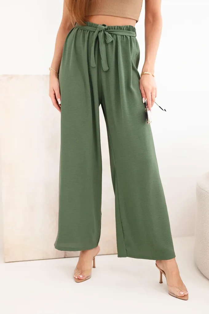 Spodnie z szeroką i wiązaniem w pasie khaki