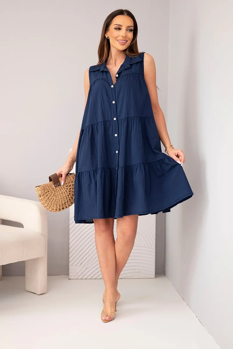 Sukienka damska bawełniana koszulowa bez rękawów z guzikami granatowa - obrazek 2