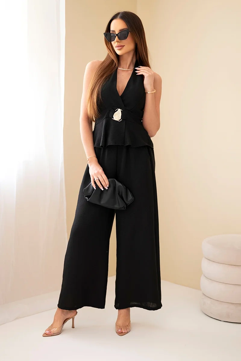 Komplet damski wiskozowy top wiązany i spodnie szeroka nogawka czarny - obrazek 2