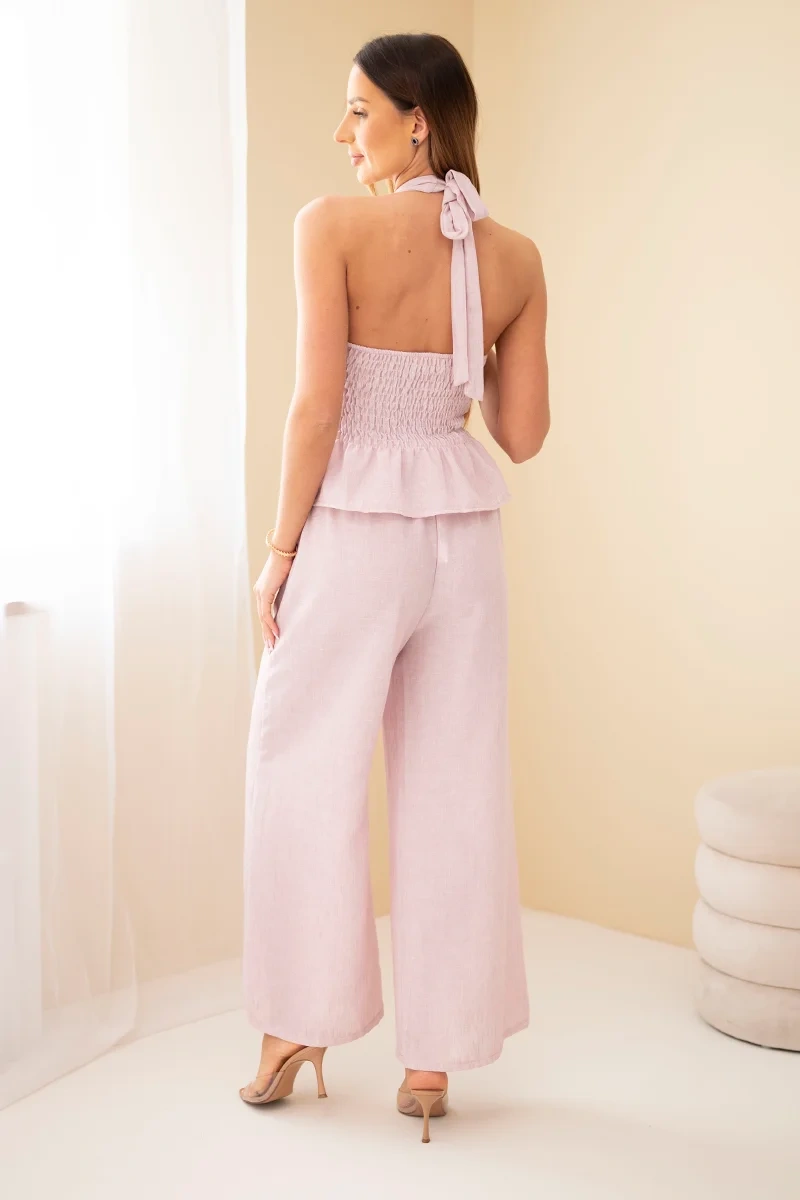 Komplet damski wiskozowy top wiązany i spodnie szeroka nogawka różowy - obrazek 3
