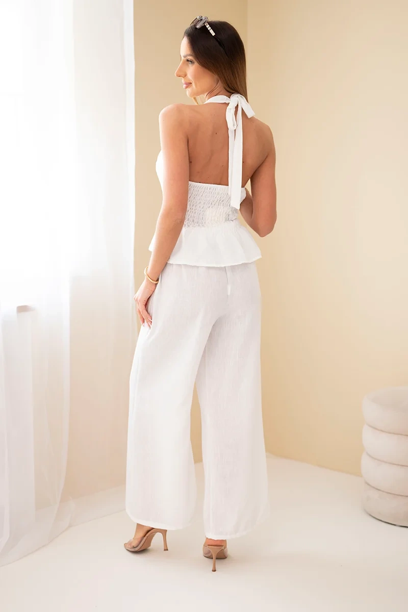 Komplet damski wiskozowy top wiązany i spodnie szeroka nogawka ecru - obrazek 3