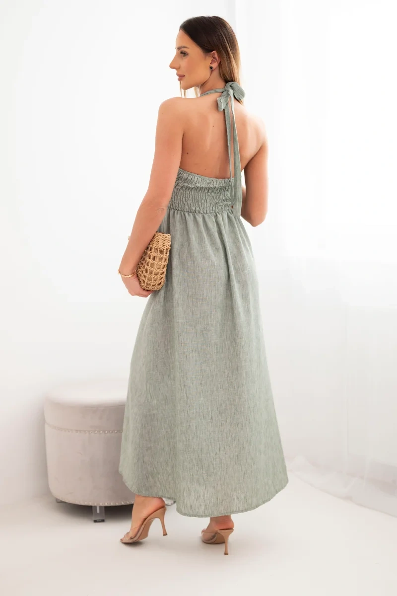 Sukienka damska wiskozowa maxi wiązana na szyi z ozdobną klamrą khaki - obrazek 3