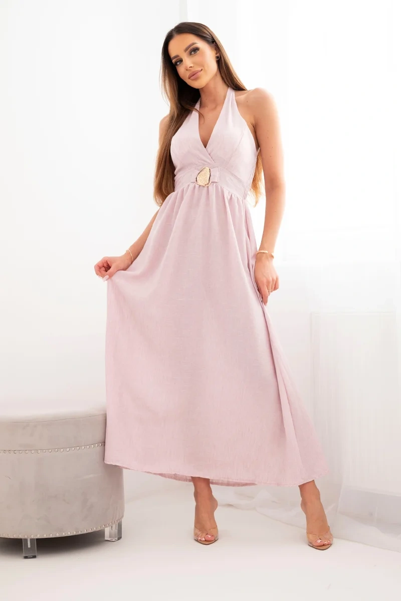 Sukienka damska wiskozowa maxi wiązana na szyi z ozdobną klamrą ciemny pudrowy róż - obrazek 2