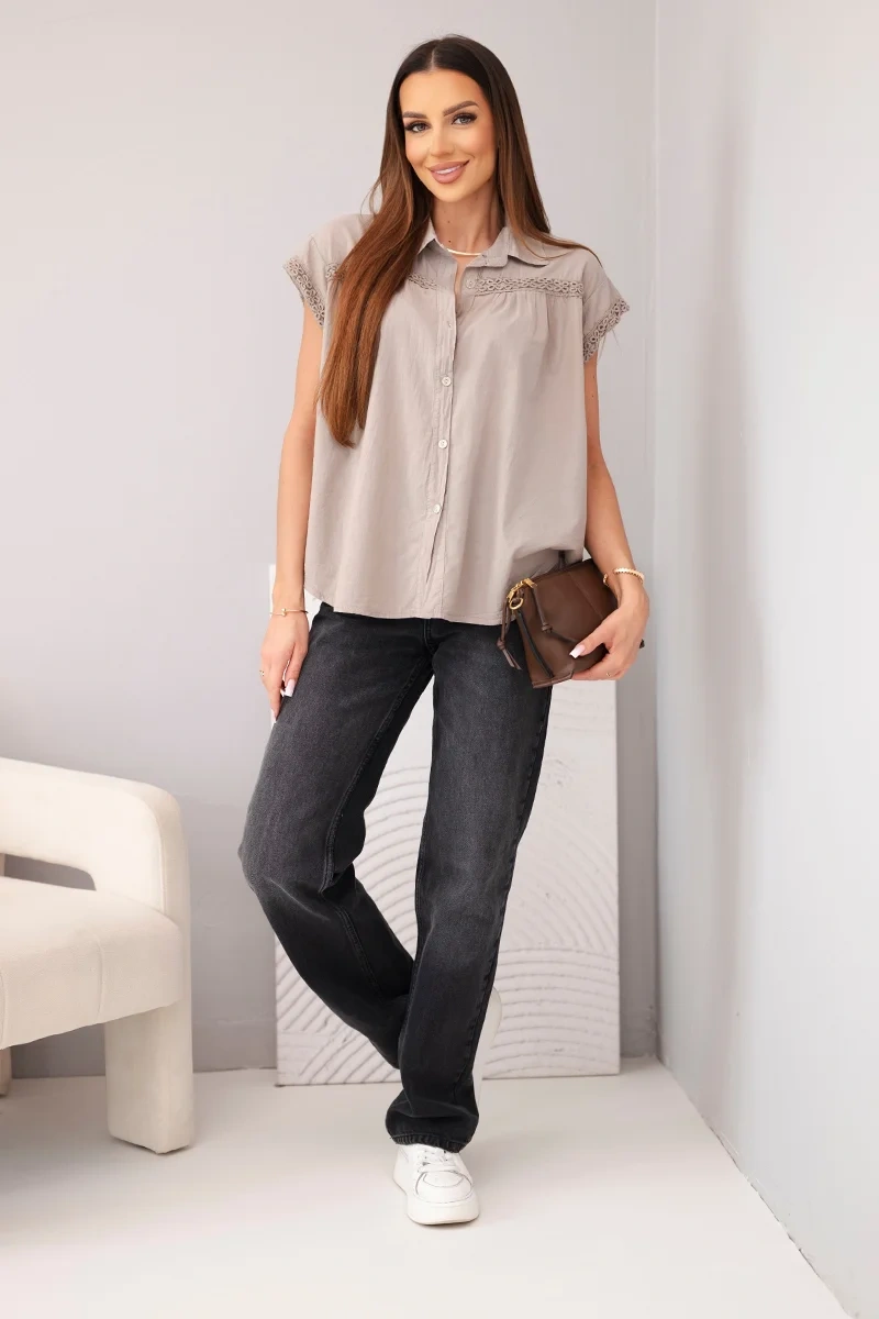 Bluzka damska bawełniana koszulowa z koronką i krótkim rękawem fango - obrazek 2