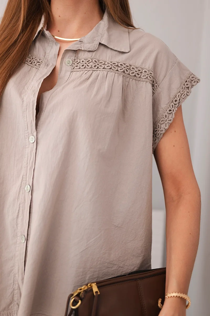 Bluzka damska bawełniana koszulowa z koronką i krótkim rękawem fango - obrazek 4