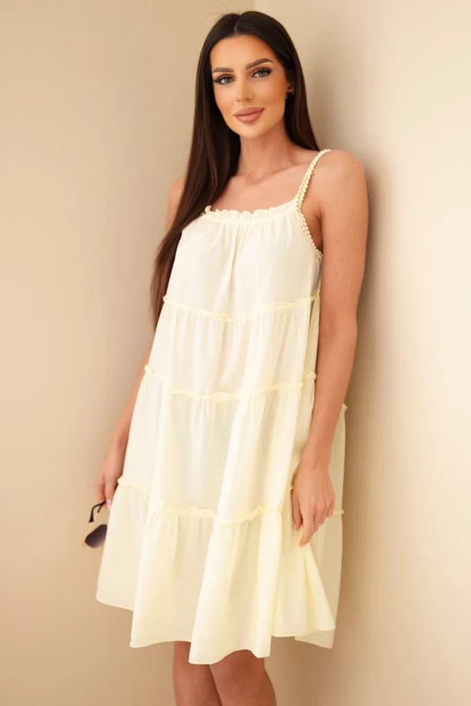 Sukienka damska bawełniana na ramiączkach z falbanami żółta