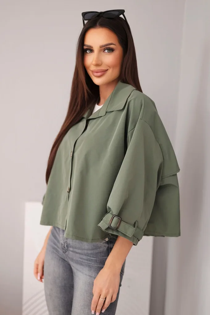Kurtka damska wiosenna bawełniana zapinana na guziki z kołnierzem khaki