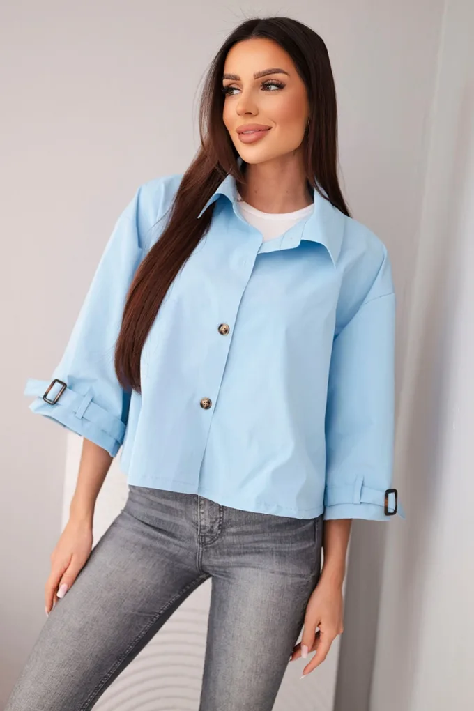 Kurtka damska wiosenna bawełniana zapinana na guziki z kołnierzem niebieska