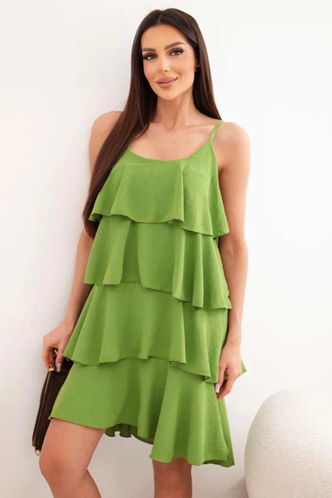 Sukienka damska na ramiączkach z falbanami mini oliwkowa