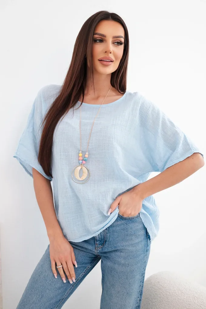 Bluzka damska bawełniana oversize z krótkim rękawem niebieska