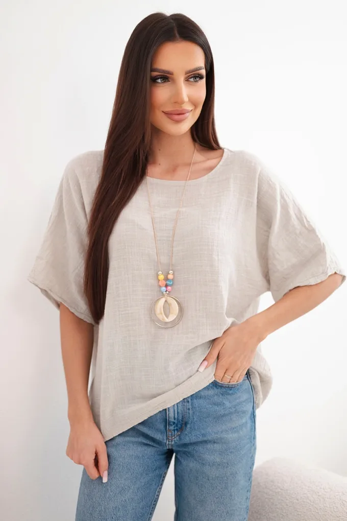 Bluzka damska bawełniana oversize z krótkim rękawem beżowa