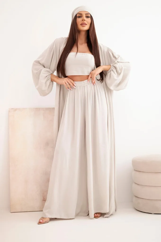 Komplet damski wiskozowy 4-częściowy w stylu boho ciemno beżowy