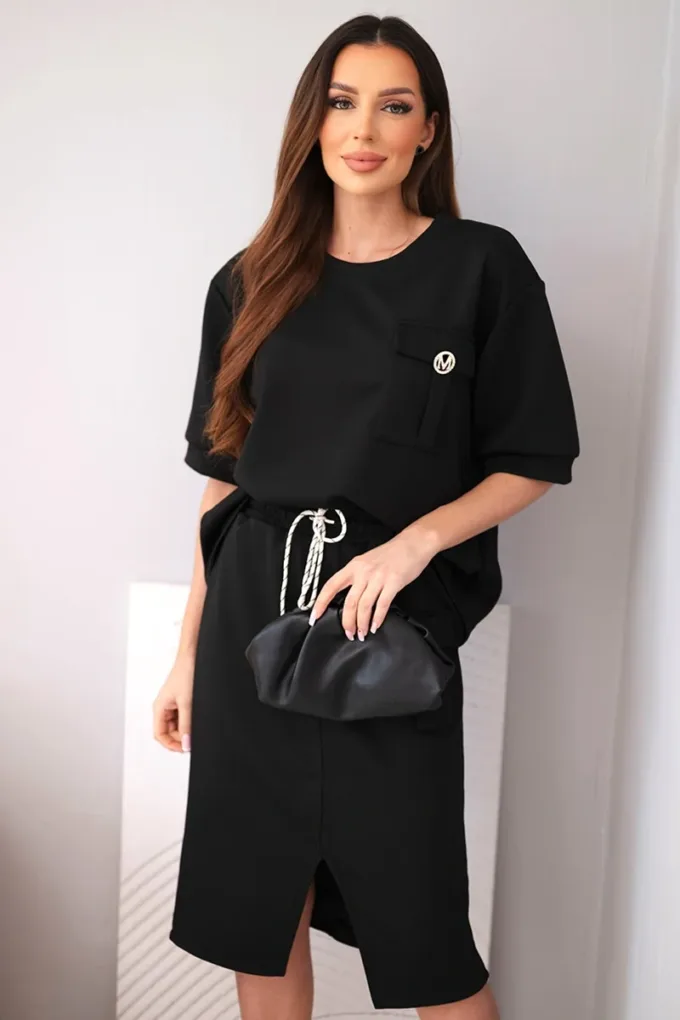 Komplet damski masełkowy z bluzką i spódnicą midi czarny