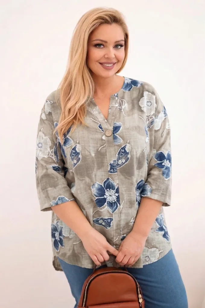 Bluzka damska bawełniana Plus Size w kwiatowy wzór beżowa