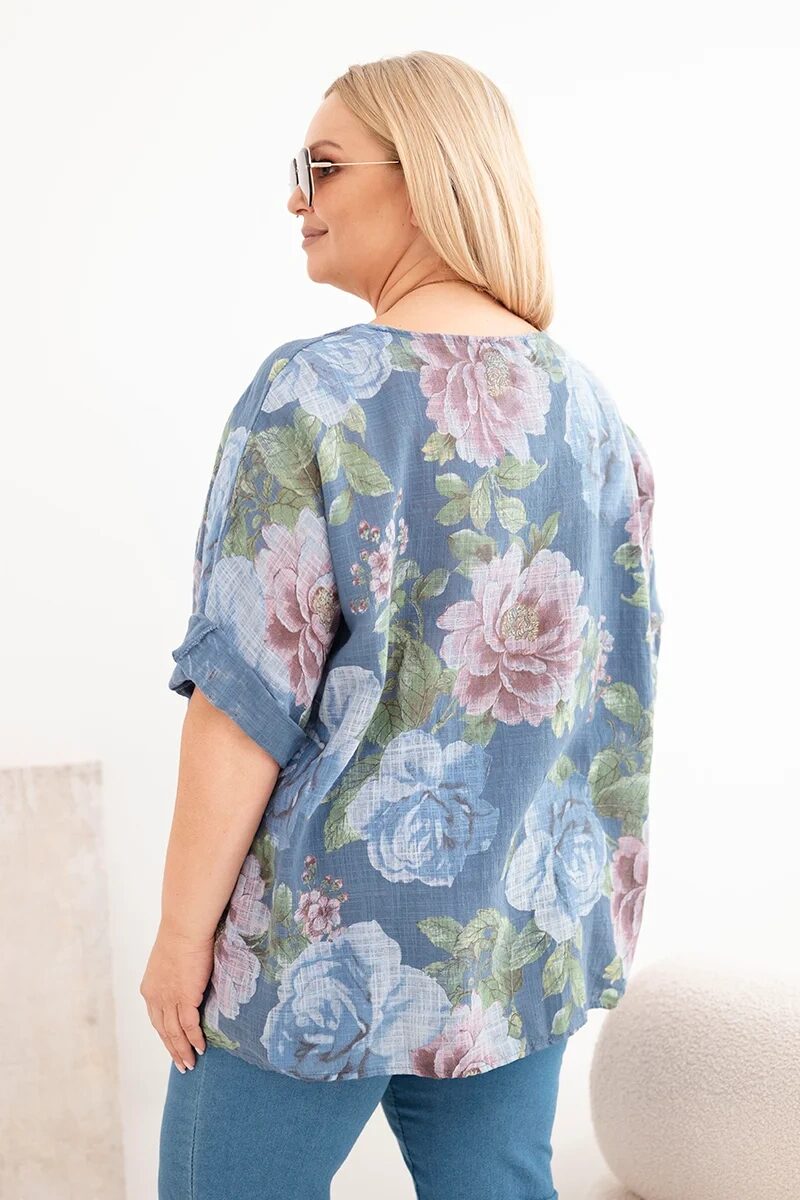 Bluzka damska bawełniana Plus Size z krótkim rękawem i kwiatowym wzorem jeansowa - obrazek 3