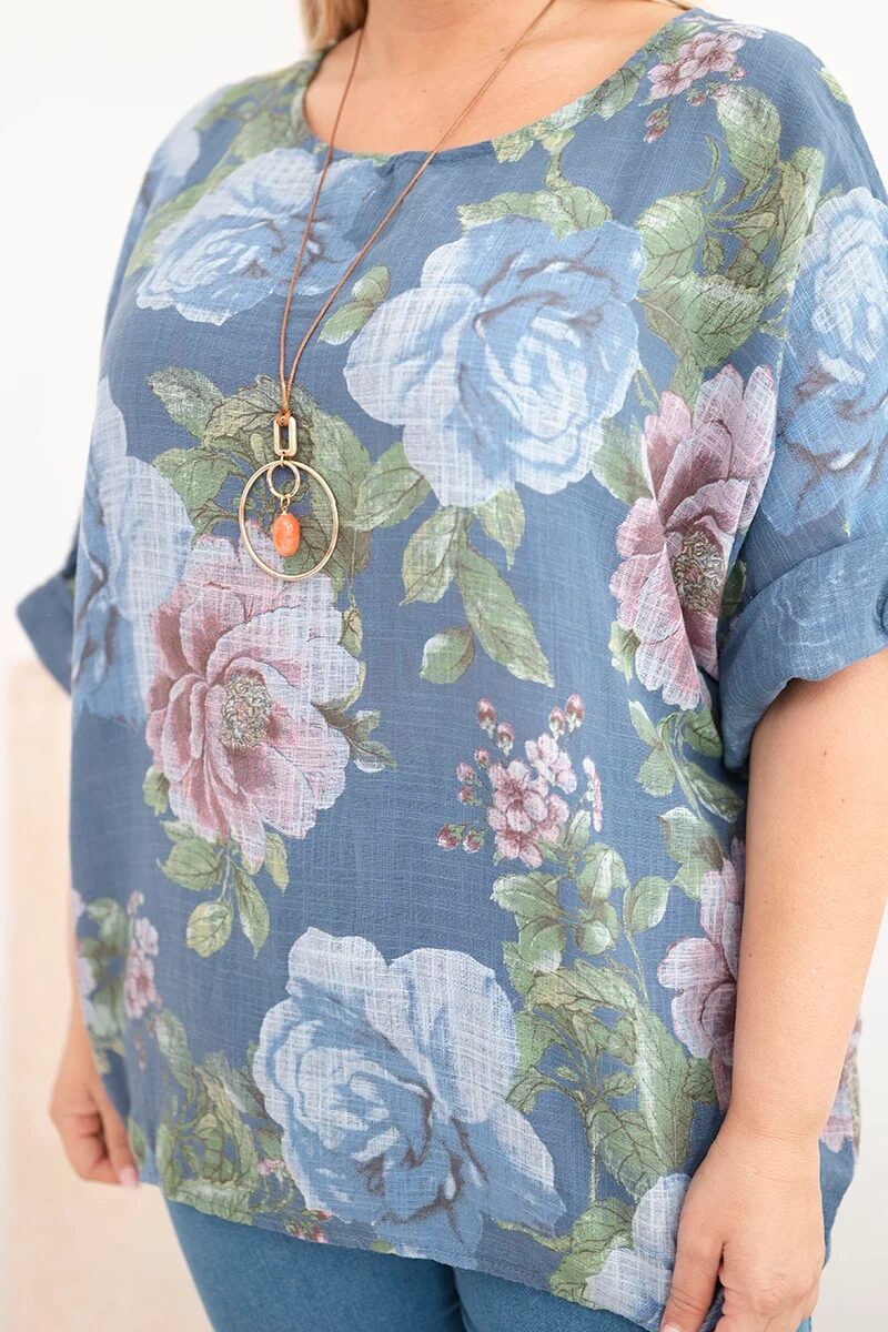 Bluzka damska bawełniana Plus Size z krótkim rękawem i kwiatowym wzorem jeansowa - obrazek 4