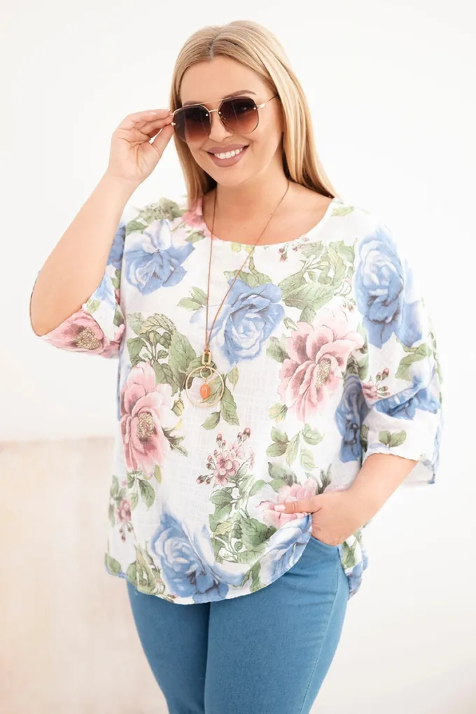 Bluzka damska bawełniana Plus Size z krótkim rękawem i kwiatowym wzorem biała