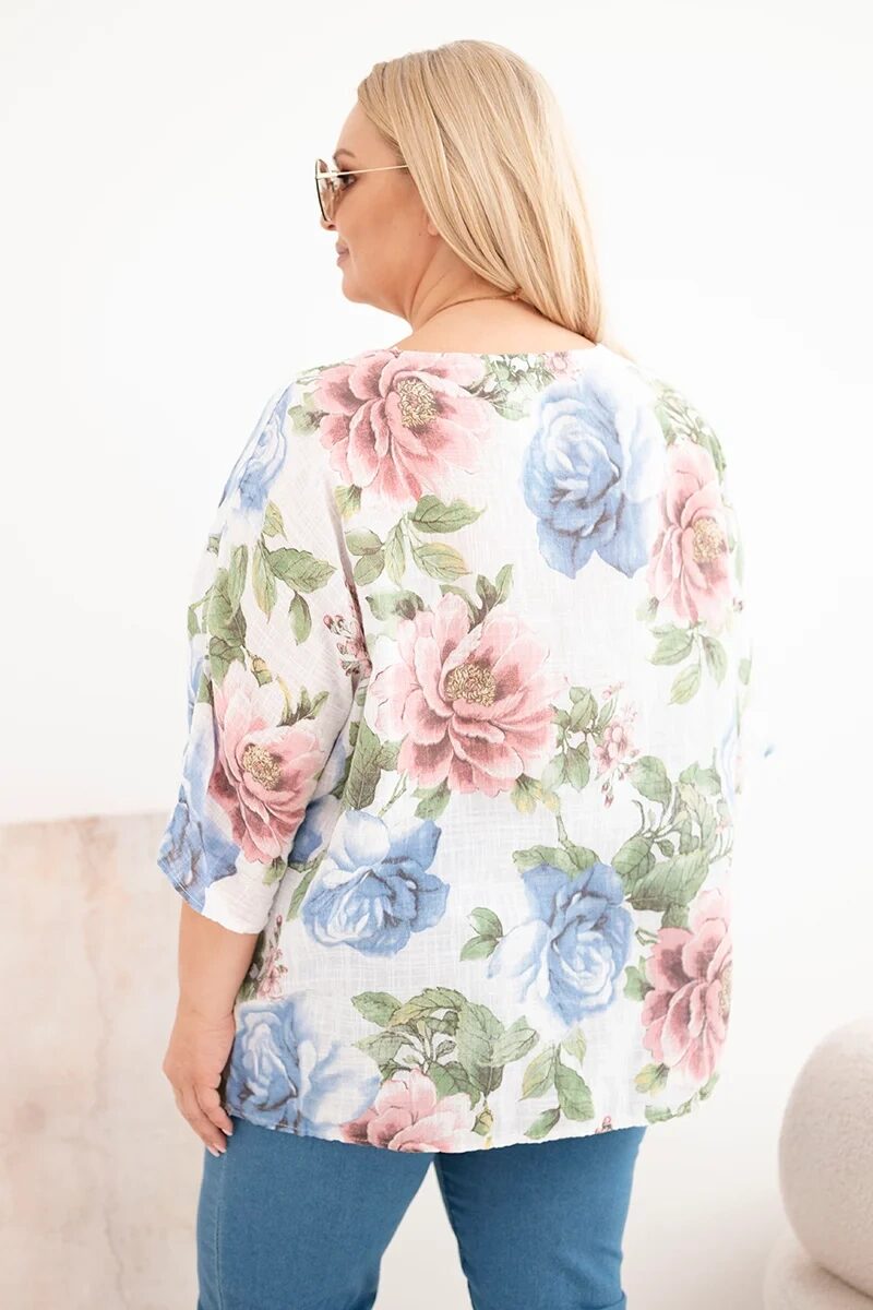 Bluzka damska bawełniana Plus Size z krótkim rękawem i kwiatowym wzorem biała - obrazek 3