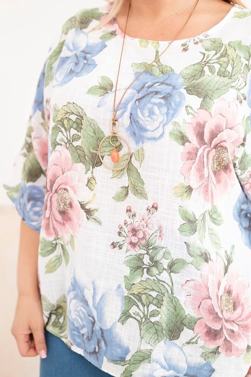 Bluzka damska bawełniana Plus Size z krótkim rękawem i kwiatowym wzorem biała - obrazek 4