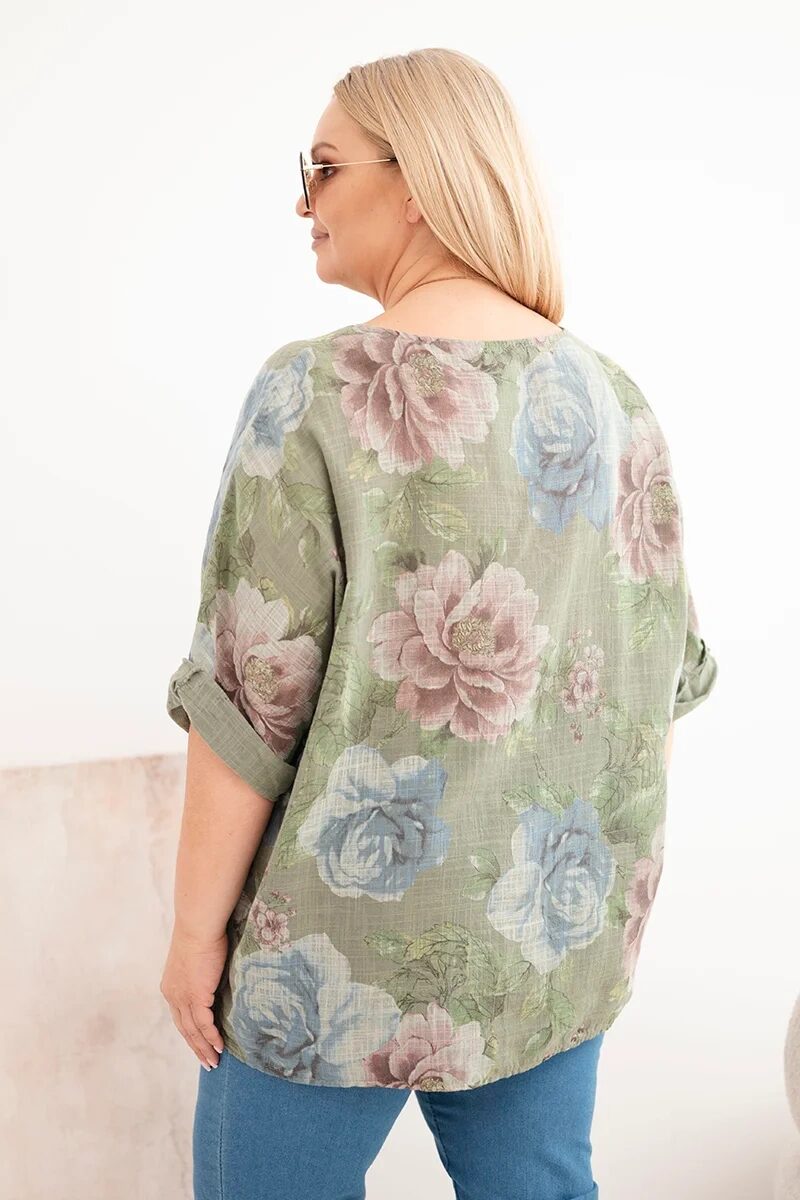 Bluzka damska bawełniana Plus Size z krótkim rękawem i kwiatowym wzorem khaki - obrazek 3