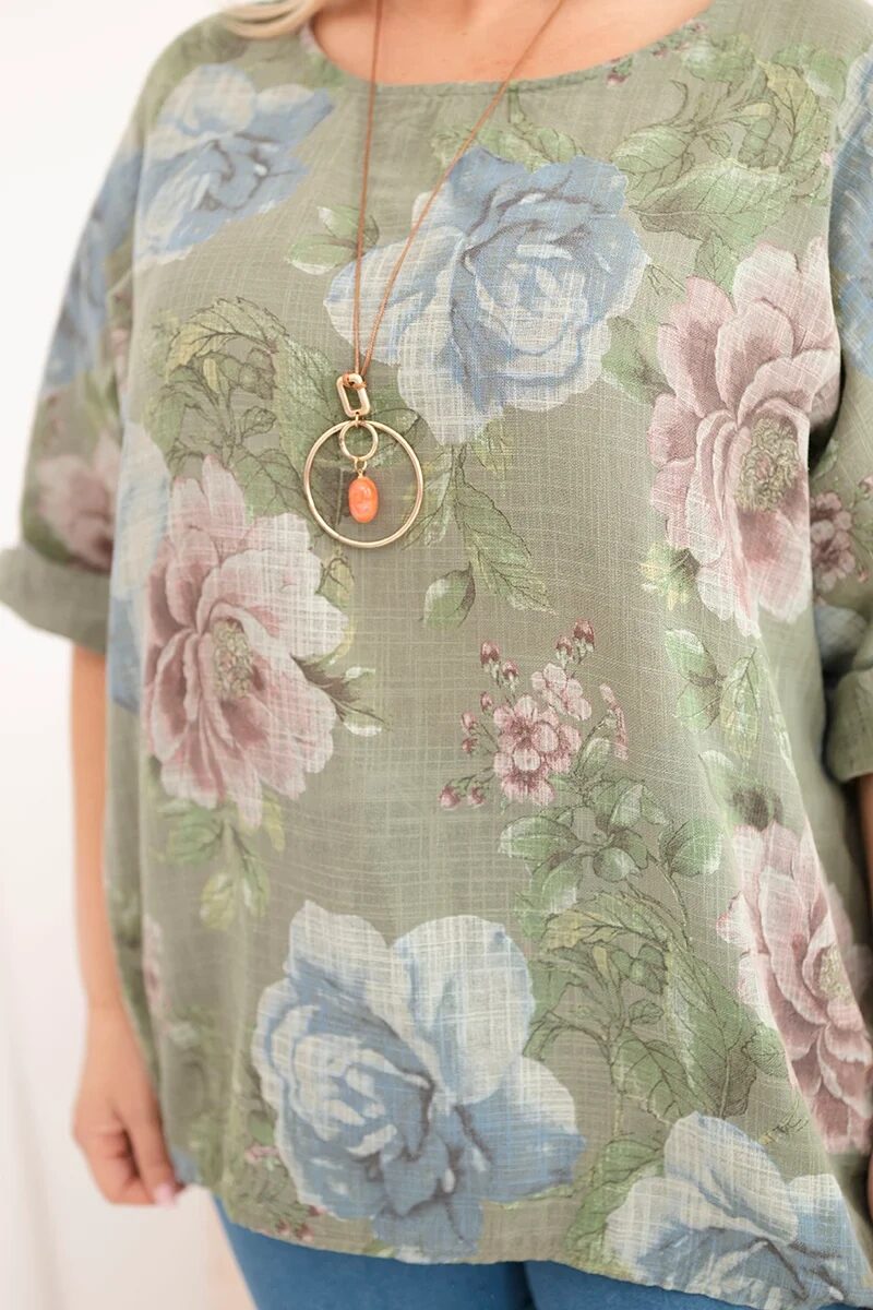 Bluzka damska bawełniana Plus Size z krótkim rękawem i kwiatowym wzorem khaki - obrazek 4