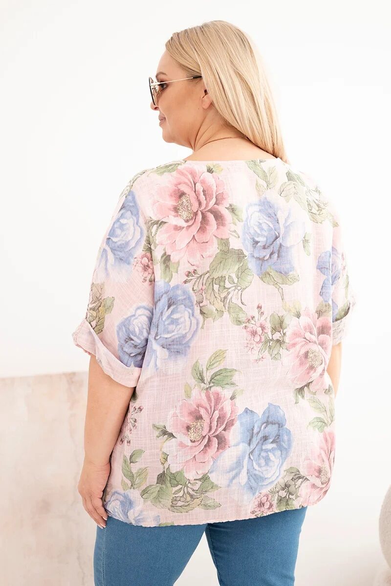 Bluzka damska bawełniana Plus Size z krótkim rękawem i kwiatowym wzorem pudrowy róż - obrazek 3