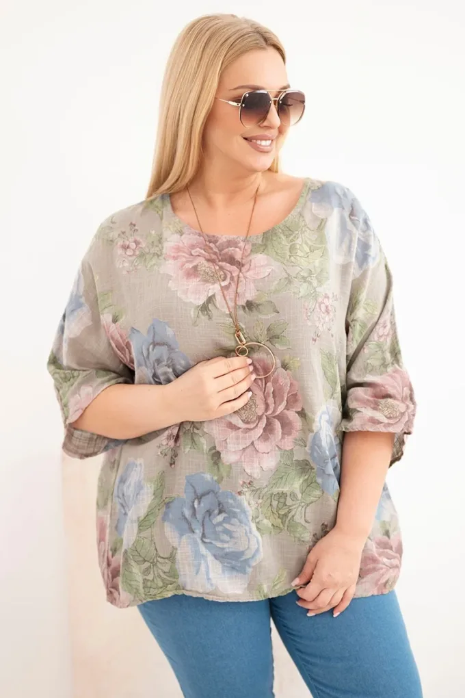 Bluzka damska bawełniana Plus Size z krótkim rękawem i kwiatowym wzorem fango
