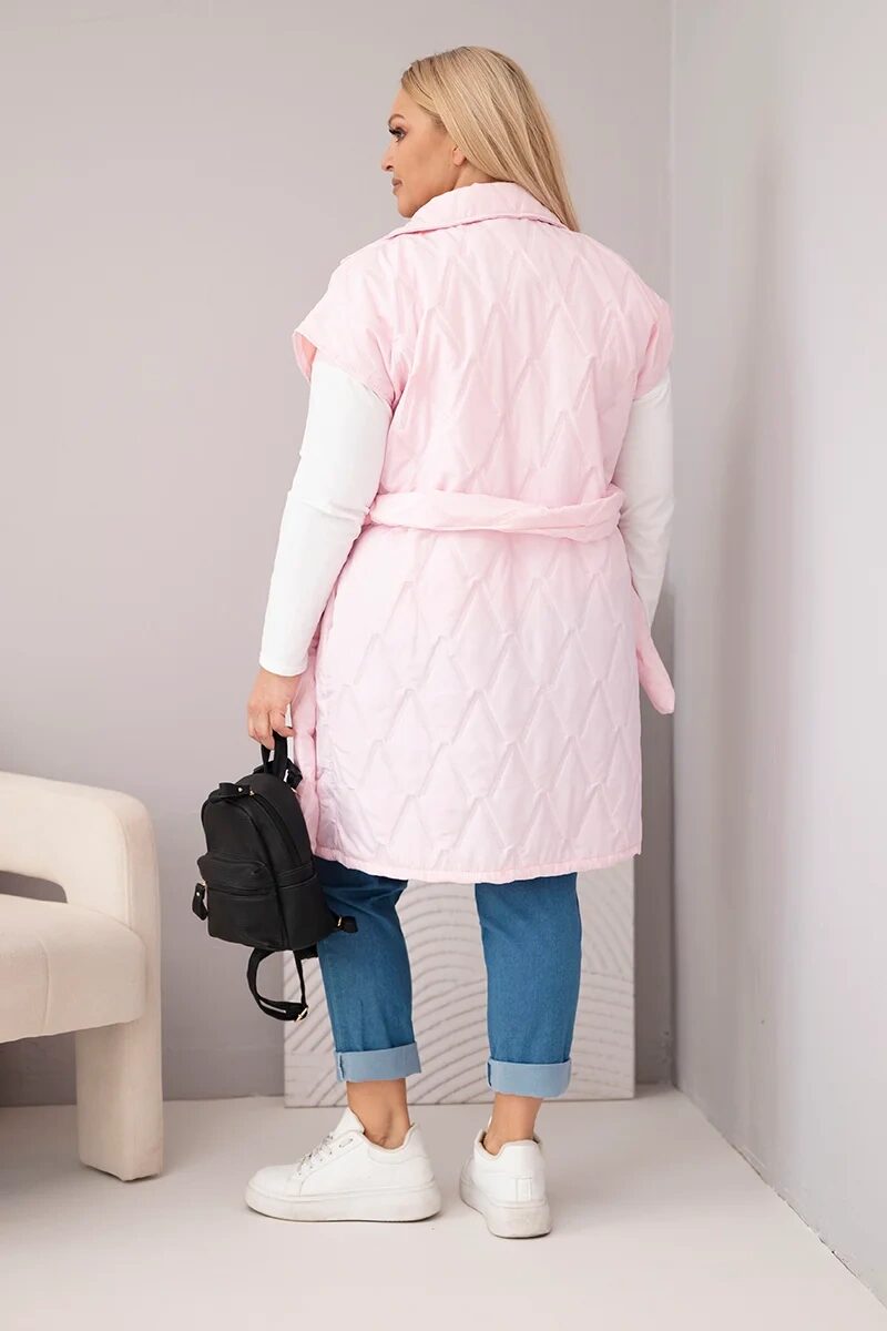 Kamizelka damska Plus Size pikowana z paskiem i kołnierzem cukierkowy róż - obrazek 3