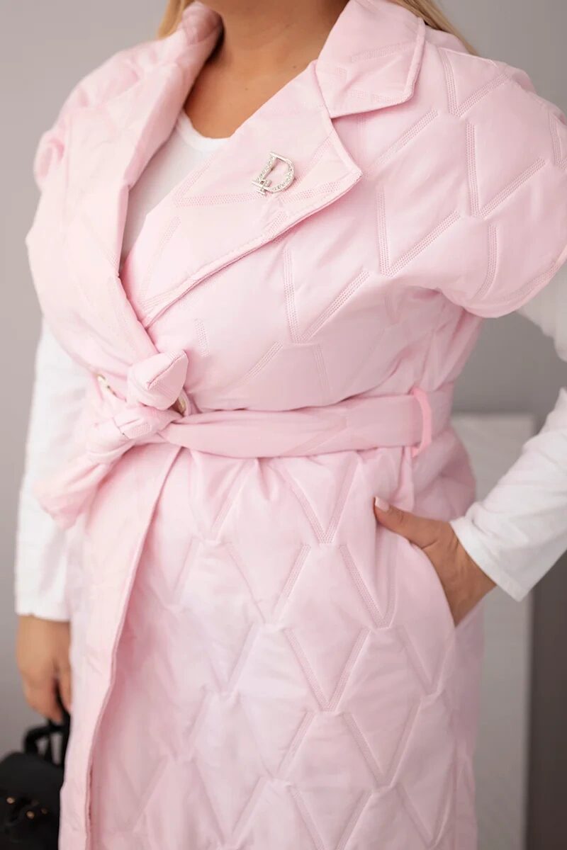 Kamizelka damska Plus Size pikowana z paskiem i kołnierzem cukierkowy róż - obrazek 4