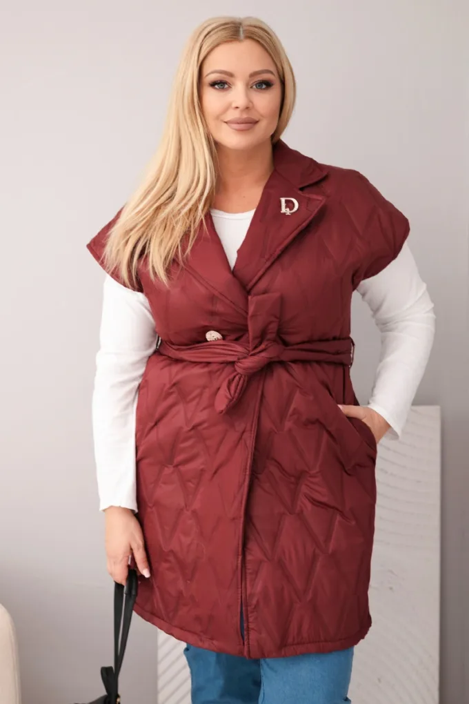 Kamizelka damska Plus Size pikowana z paskiem i kołnierzem śliwkowa