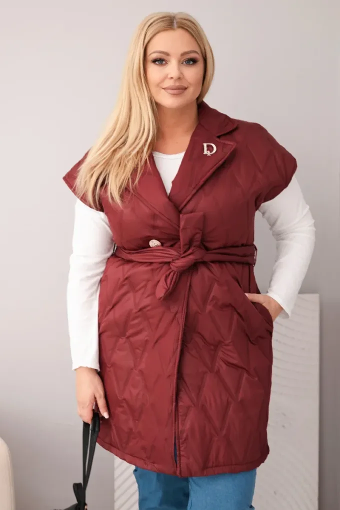 Kamizelka damska Plus Size pikowana z paskiem i kołnierzem śliwkowa