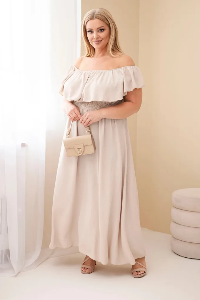 Sukienka damska Plus Size z falbaną i elastyczną talią beżowa