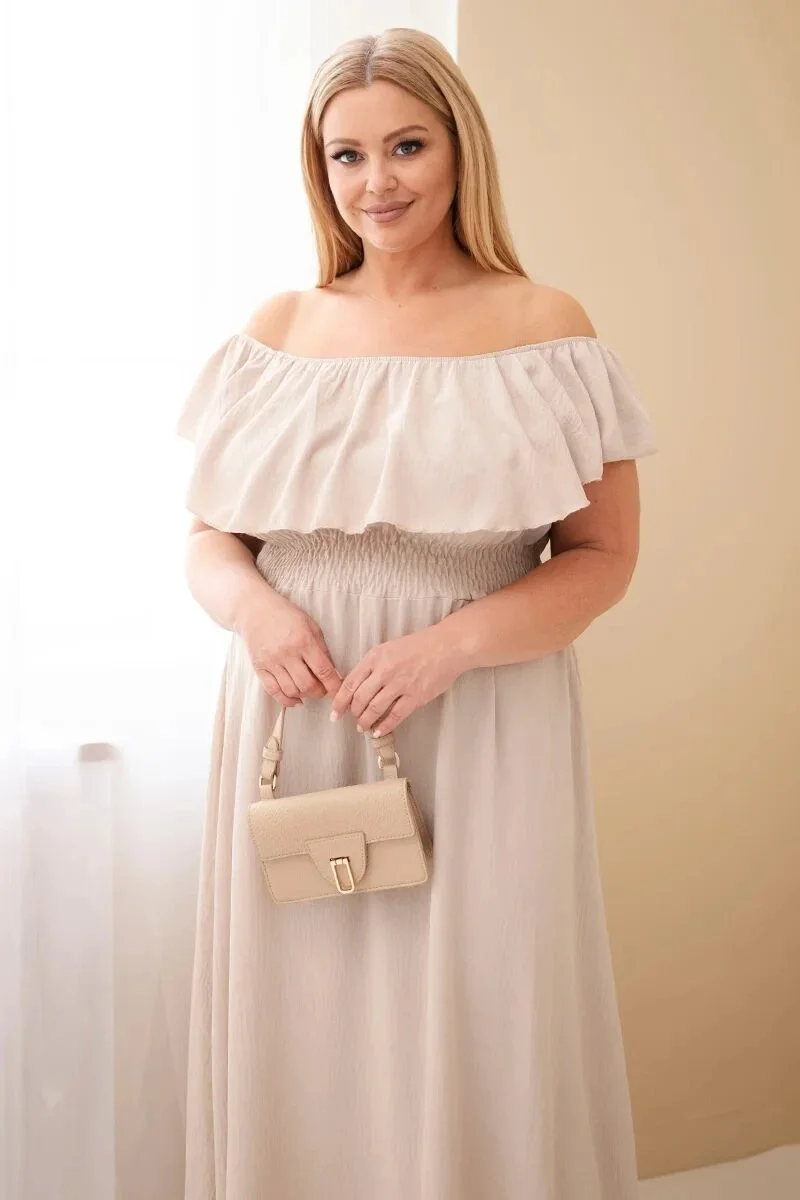 Sukienka damska Plus Size z falbaną i elastyczną talią beżowa