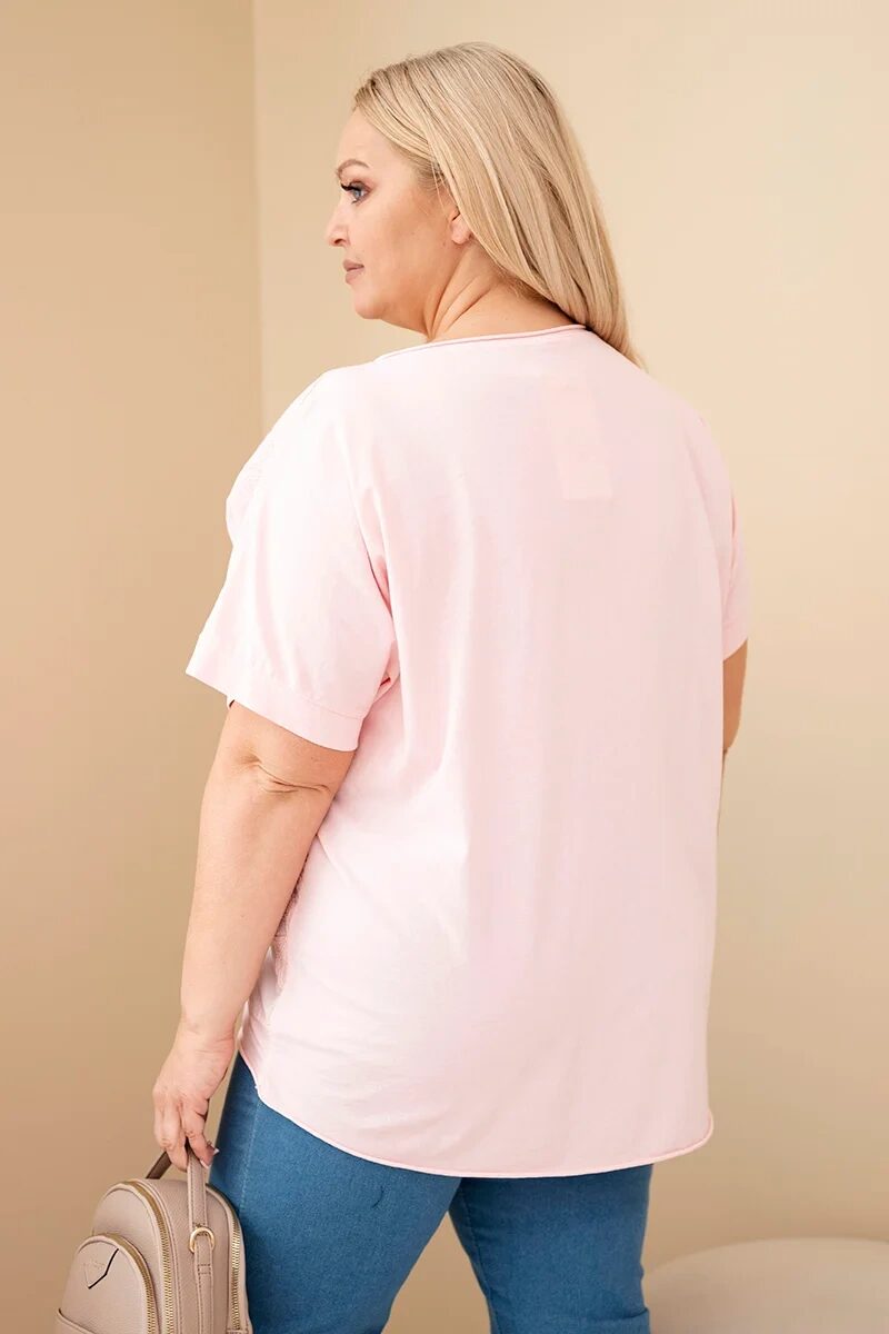 Bluzka damska bawełniana Plus Size z haftowanymi kwiatami cukierkowy róż - obrazek 4