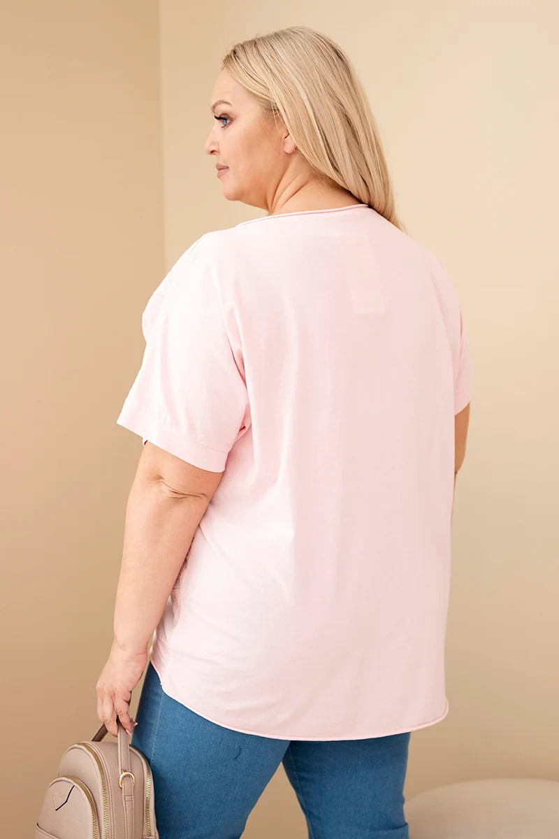 Bluzka damska bawełniana Plus Size z haftowanymi kwiatami cukierkowy róż - obrazek 4