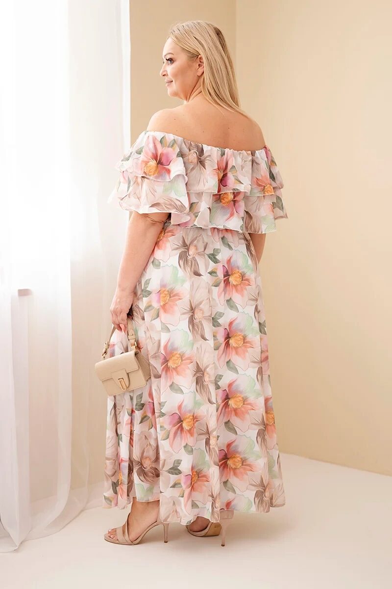 Sukienka damska wiskozowa Plus Size z falbaną hiszpanka i elastyczną talią maxi beżowa - obrazek 3