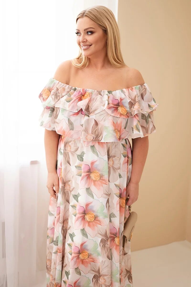 Sukienka damska wiskozowa Plus Size z falbaną hiszpanka i elastyczną talią maxi beżowa