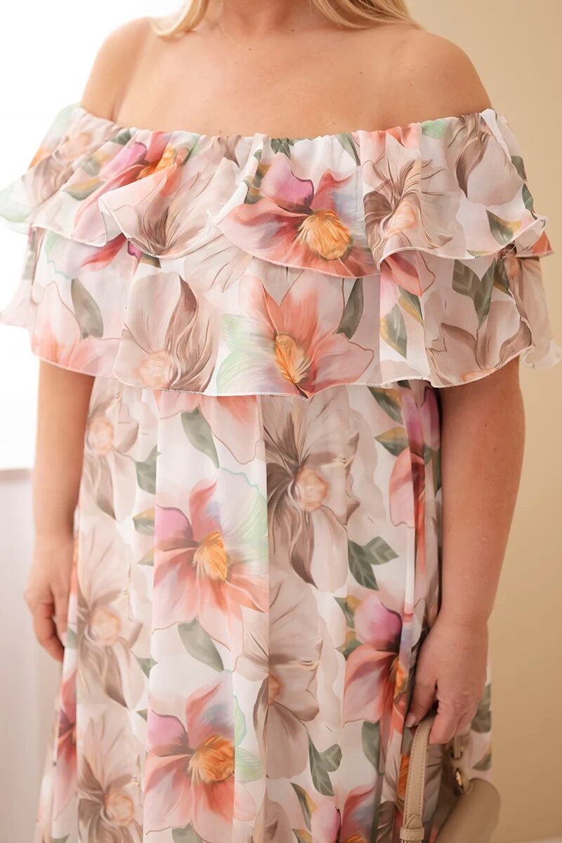 Sukienka damska wiskozowa Plus Size z falbaną hiszpanka i elastyczną talią maxi beżowa - obrazek 4