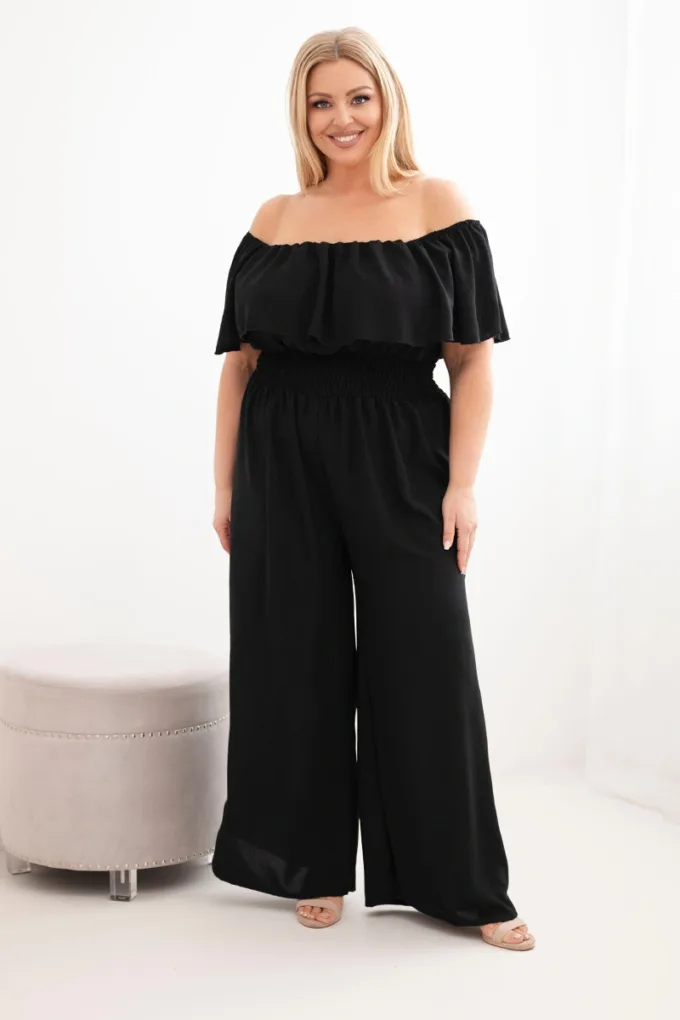 Kombinezon damski wiskozowy Plus Size hiszpanka z falbaną i szeroką nogawką czarny