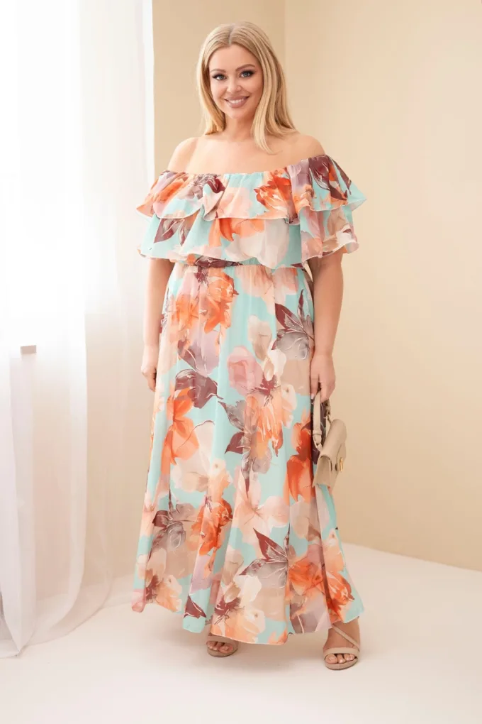 Sukienka damska wiskozowa Plus Size z falbaną hiszpanka i elastyczną talią maxi miętowa