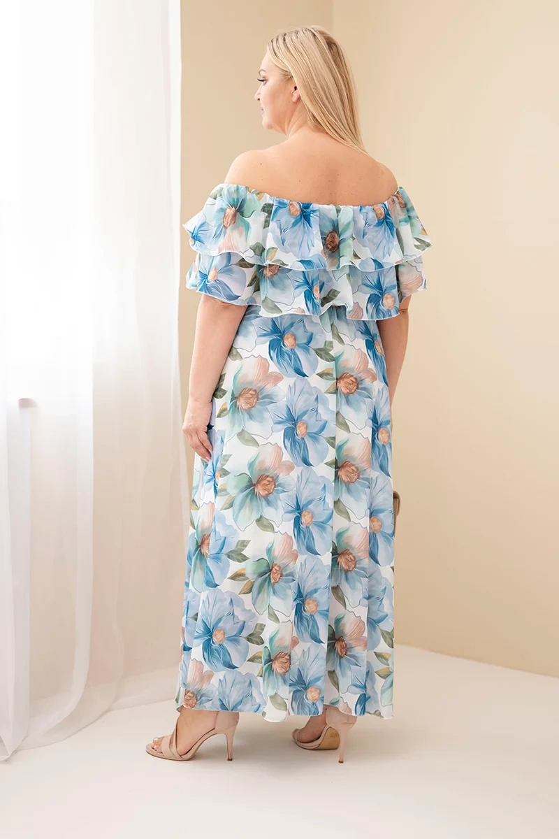 Sukienka damska wiskozowa Plus Size z falbaną hiszpanka i elastyczną talią maxi niebieska - obrazek 3