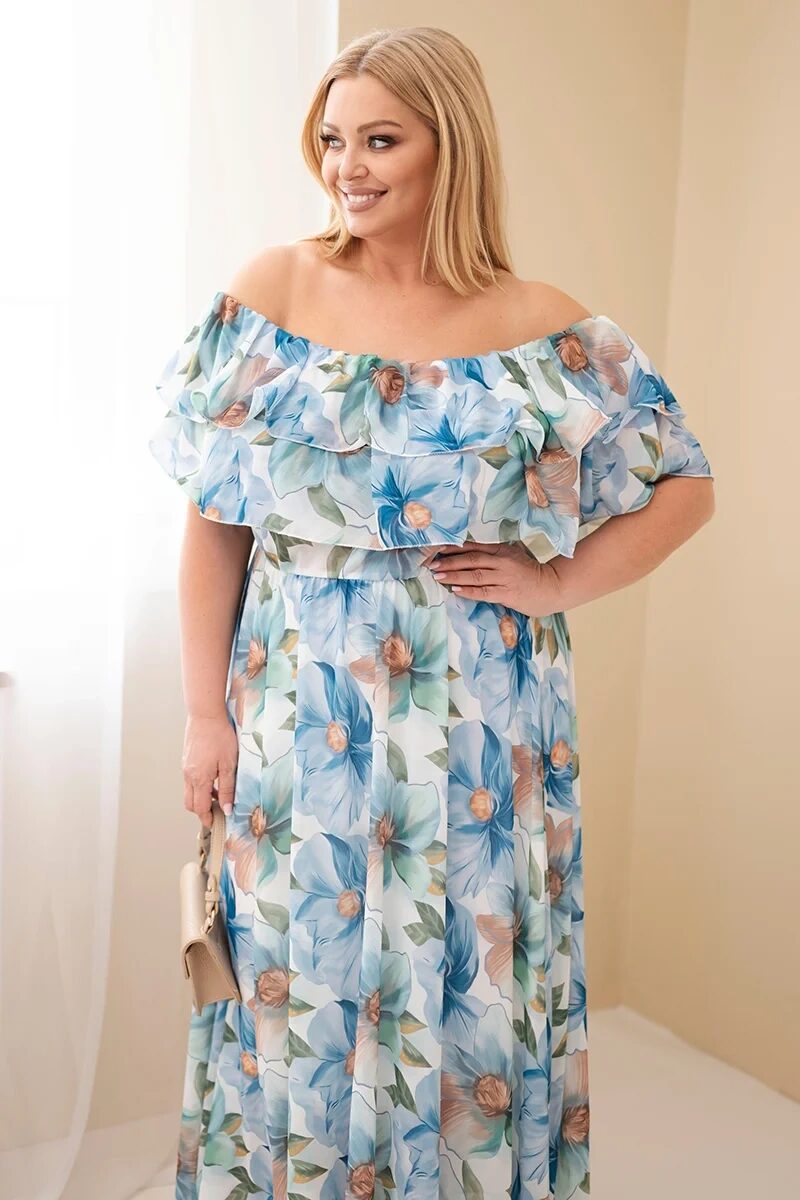Sukienka damska wiskozowa Plus Size z falbaną hiszpanka i elastyczną talią maxi niebieska