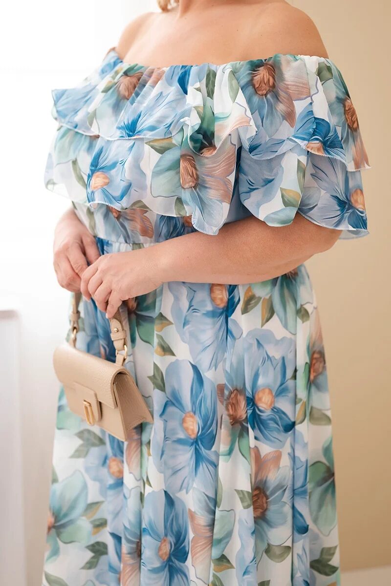 Sukienka damska wiskozowa Plus Size z falbaną hiszpanka i elastyczną talią maxi niebieska - obrazek 4