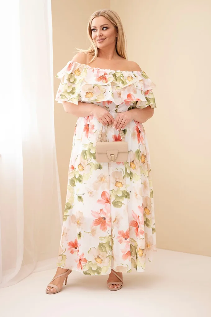 Sukienka damska wiskozowa Plus Size z falbaną hiszpanka i elastyczną talią maxi oliwkowa