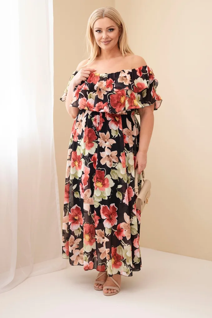 Sukienka damska wiskozowa Plus Size z falbaną hiszpanka i elastyczną talią maxi czarna