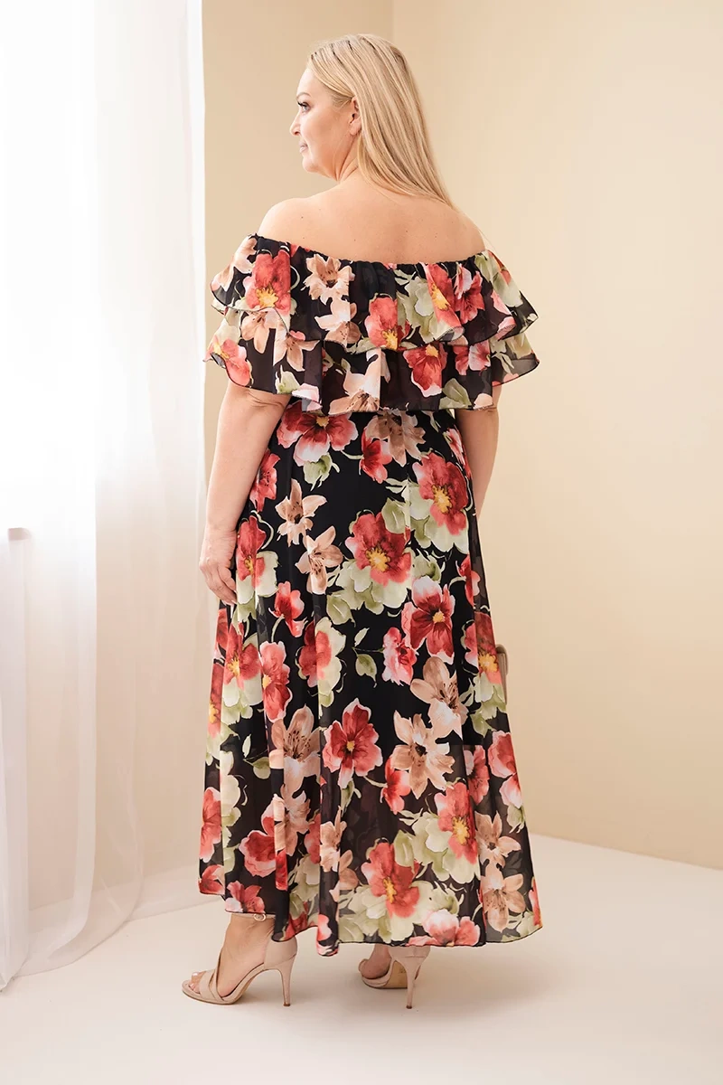 Sukienka damska wiskozowa Plus Size z falbaną hiszpanka i elastyczną talią maxi czarna - obrazek 3