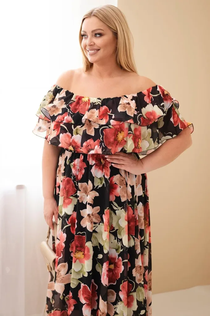 Sukienka damska wiskozowa Plus Size z falbaną hiszpanka i elastyczną talią maxi czarna