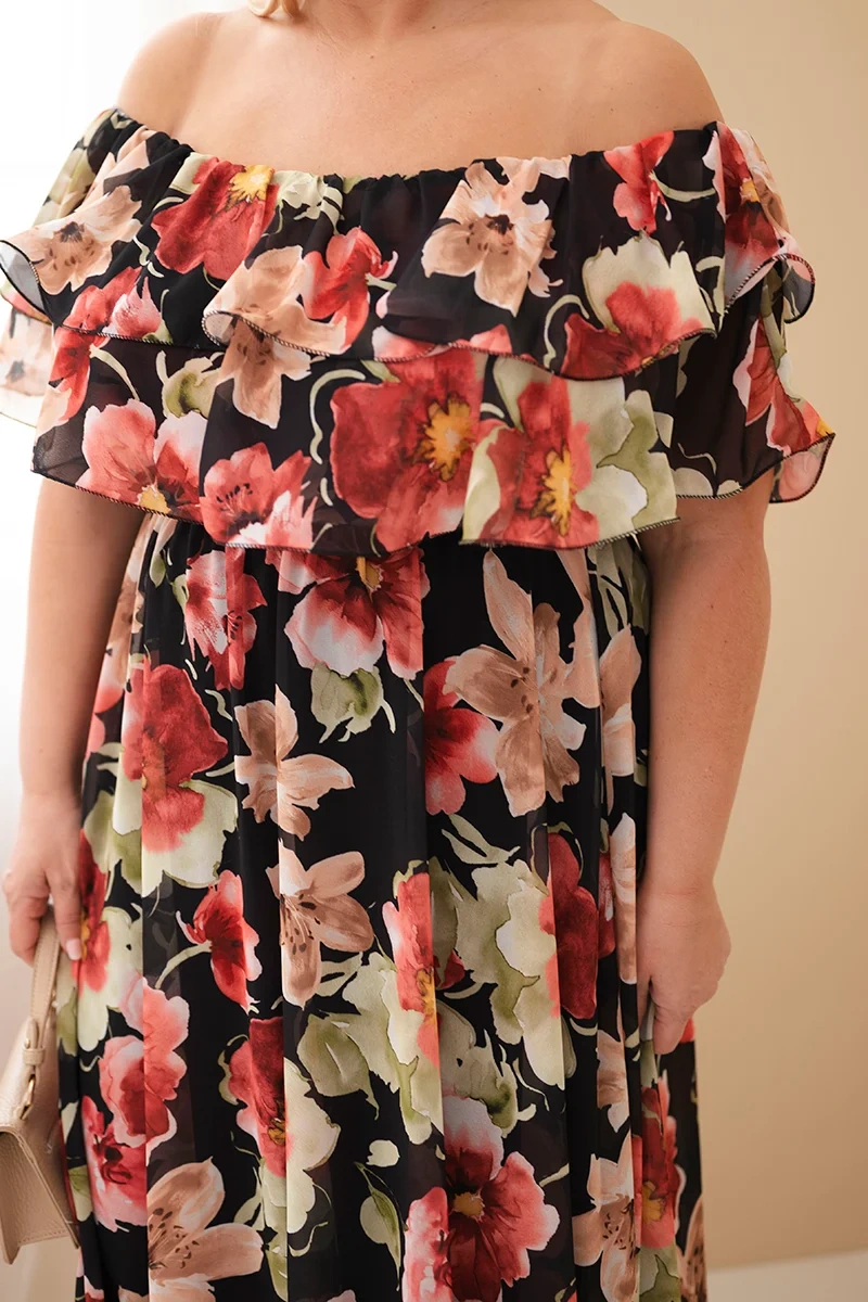 Sukienka damska wiskozowa Plus Size z falbaną hiszpanka i elastyczną talią maxi czarna - obrazek 4