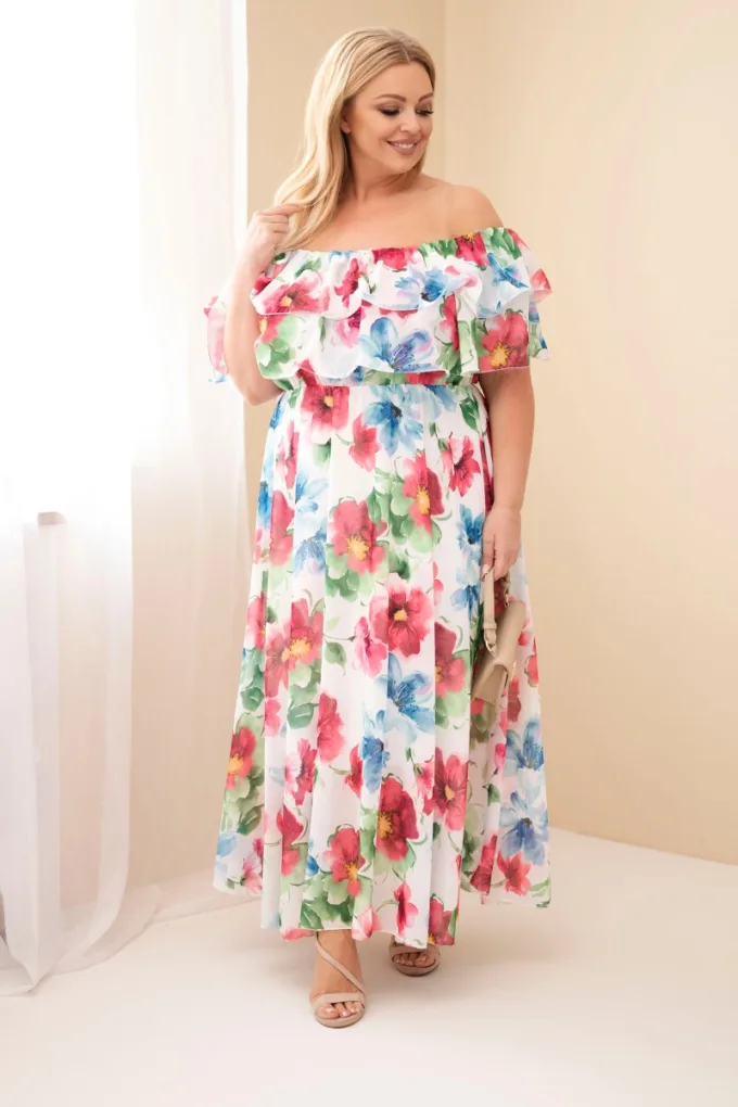 Sukienka damska wiskozowa Plus Size z falbaną hiszpanka i elastyczną talią maxi fuksja